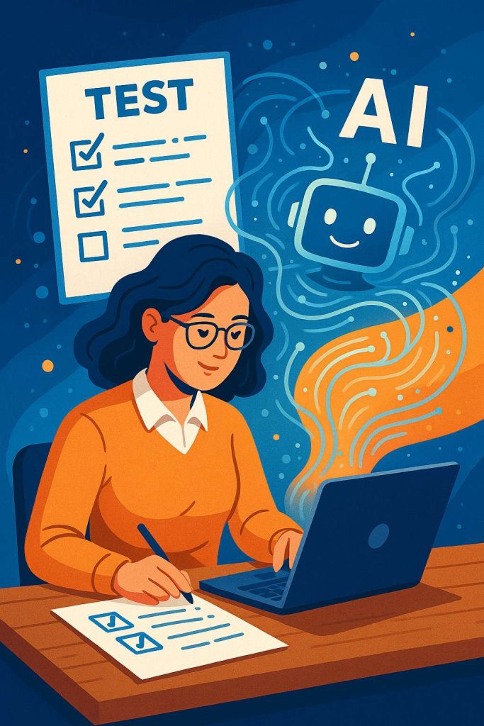 Abstract illustration showing AI letters and test document, representing AI-generated exam questions, created by artificial intelligence