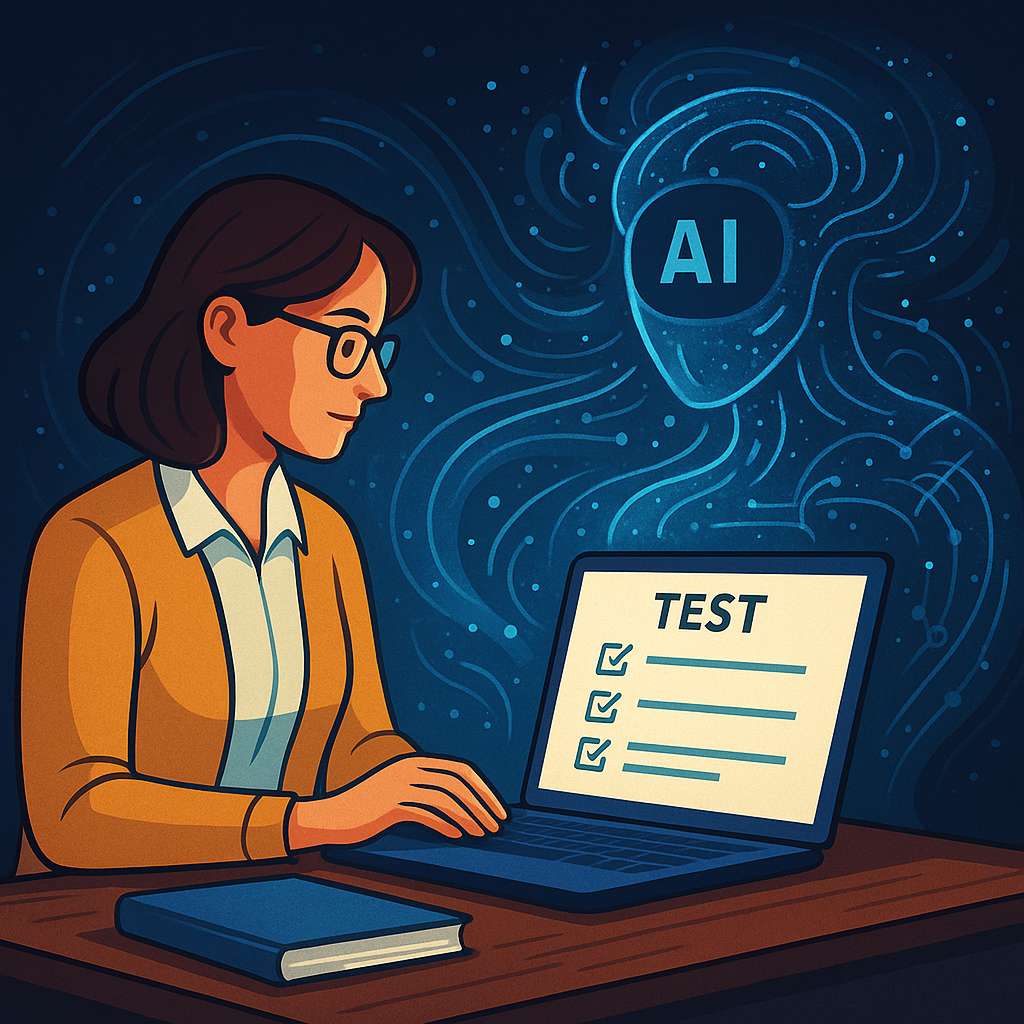 Illustration of a teacher using AI to generate tests, created by artificial intelligence