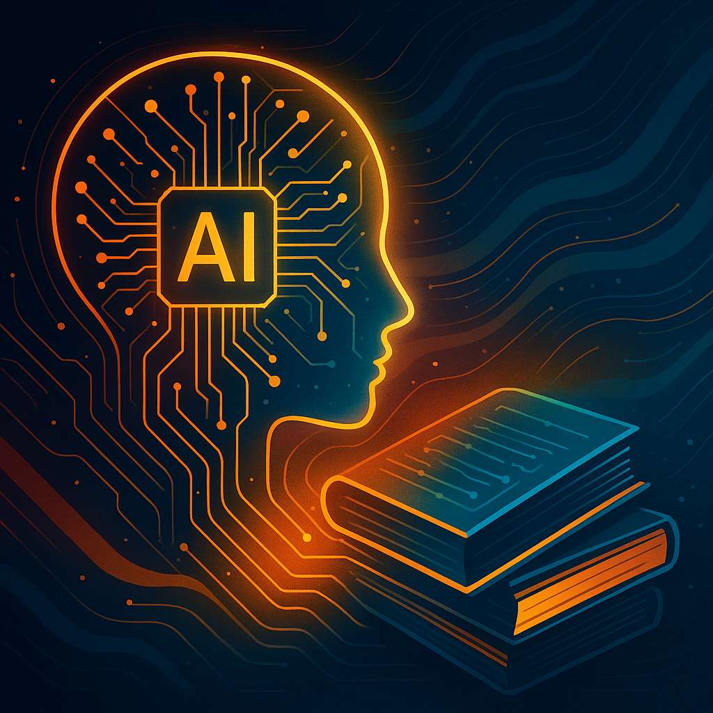 Абстрактна илюстрация на AI агенти и книги, подходяща за статия за изкуствен интелект в образованието